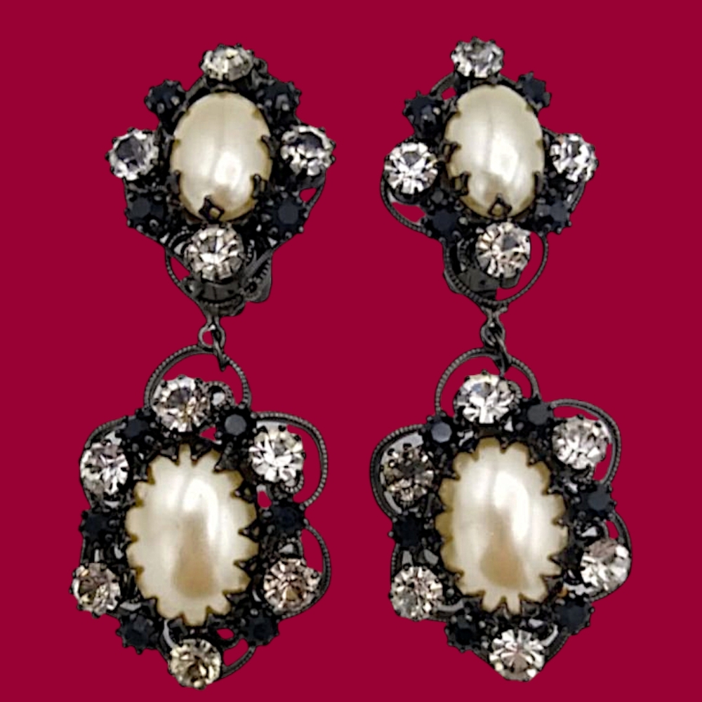 Marie Ferra Dangly Clip Earrings, Rhinestones and Pearls